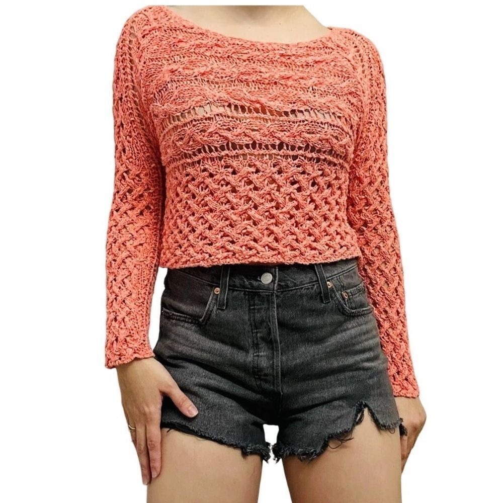 Free People Coral Pink Open Knit Crochet Cable Sweater Womens Medium 23F446X932